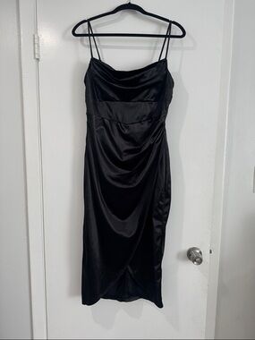 Black Satin Midi Slip Dress with Spaghetti Straps